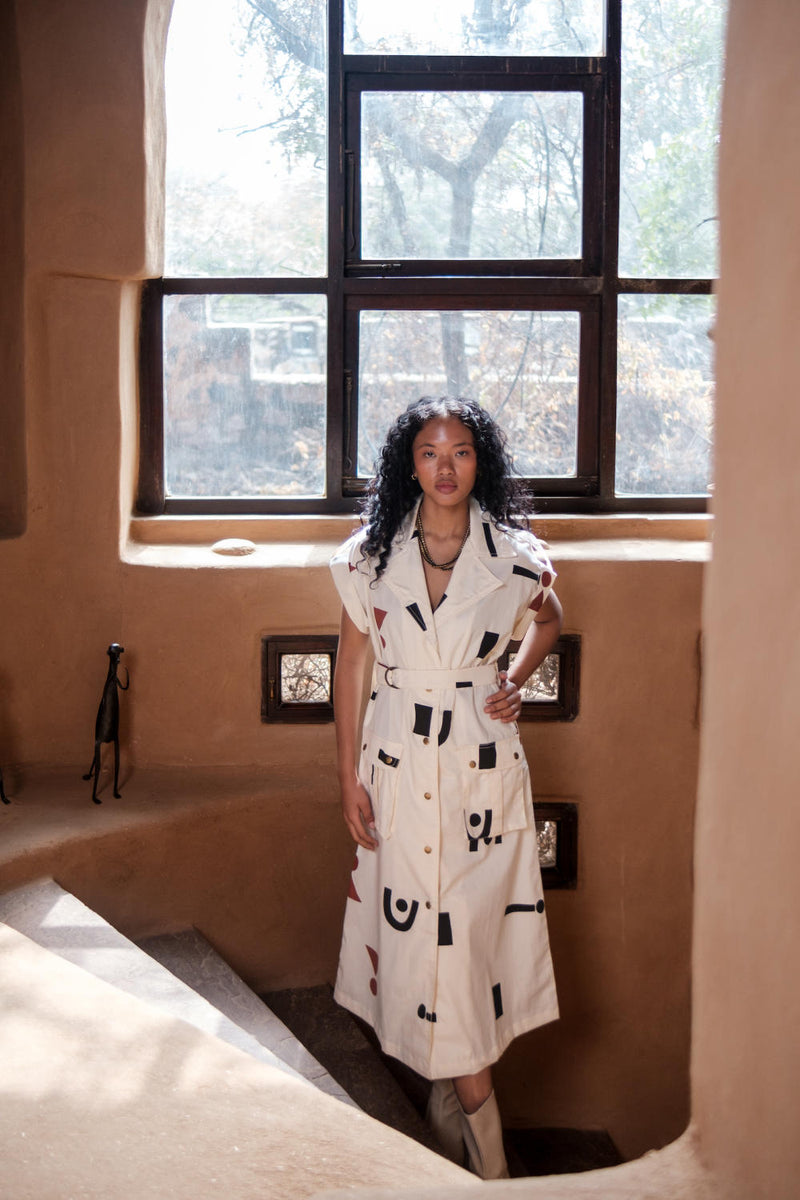 Harajuku Trench-Ecru Triangle Printed cotton by The Terra Tribe in ecru color for women Worldwide