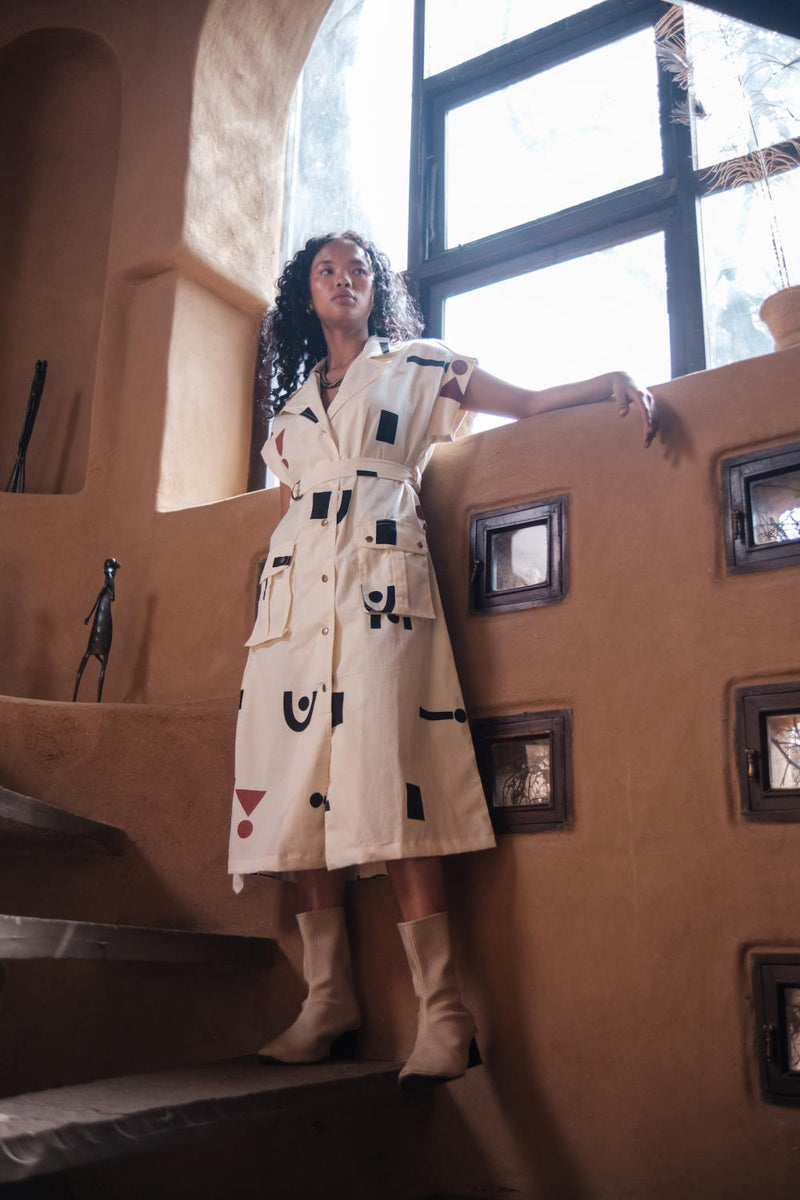 Harajuku Trench-Ecru Triangle Printed cotton by The Terra Tribe in ecru color for women Worldwide