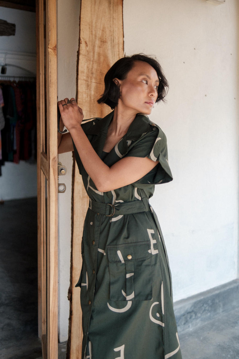 Harajuku Trench-Deep Green Line Printed cotton by The Terra Tribe in green color for women Worldwide