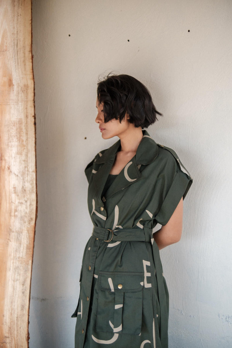 Harajuku Trench-Deep Green Line Printed cotton by The Terra Tribe in green color for women Worldwide