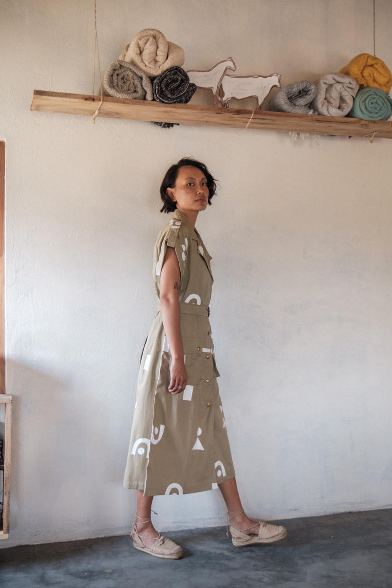 Harajuku Trench-Khaki Triangle Printed cotton by The Terra Tribe for women Worldwide