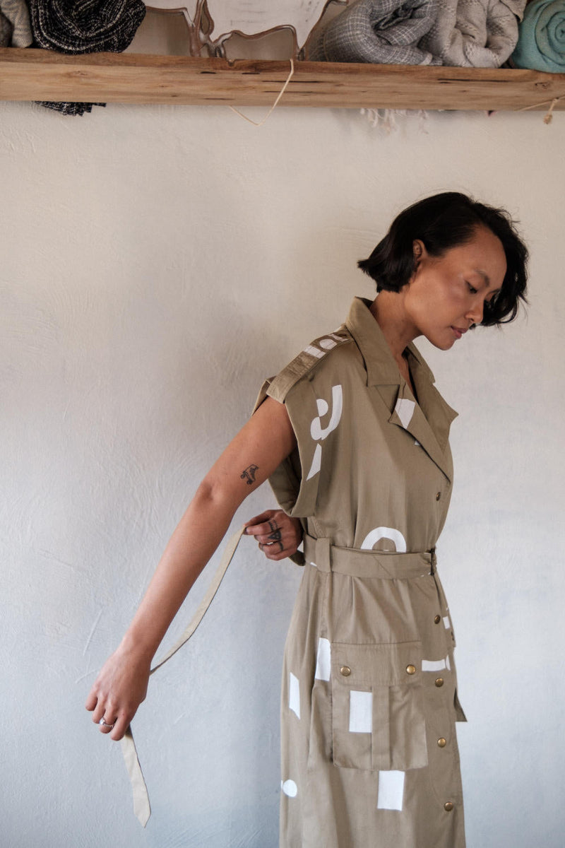 Harajuku Trench-Khaki Triangle Printed cotton by The Terra Tribe for women Worldwide