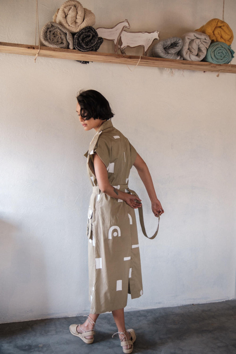 Harajuku Trench-Khaki Triangle Printed cotton by The Terra Tribe for women Worldwide