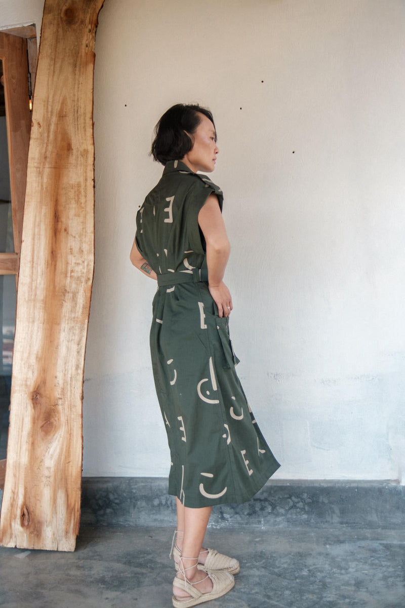 Harajuku Trench-Deep Green Line Printed cotton by The Terra Tribe in green color for women Worldwide