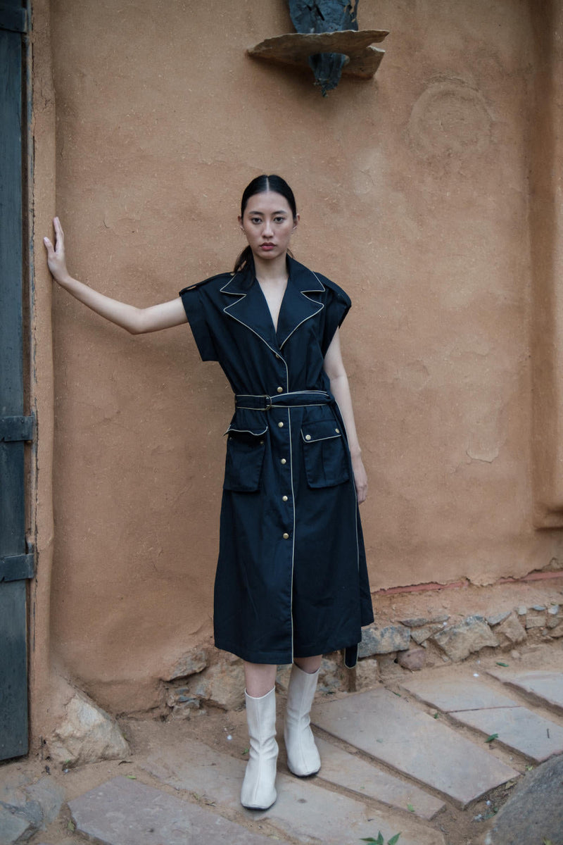 Harajuku Trench-Black cotton by The Terra Tribe in black color for women Worldwide