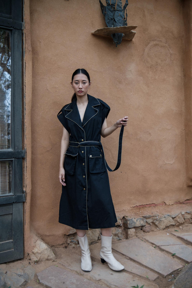 Harajuku Trench-Black cotton by The Terra Tribe in black color for women Worldwide