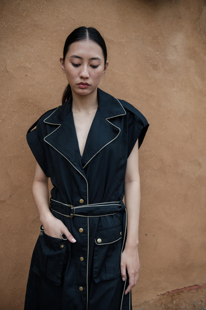Harajuku Trench-Black cotton by The Terra Tribe in black color for women Worldwide