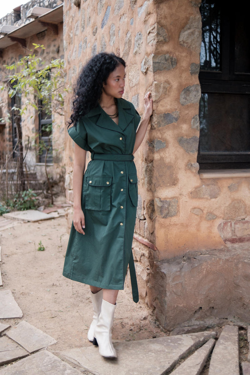 Harajuku Trench-Deep Green cotton by The Terra Tribe in green color for women Worldwide
