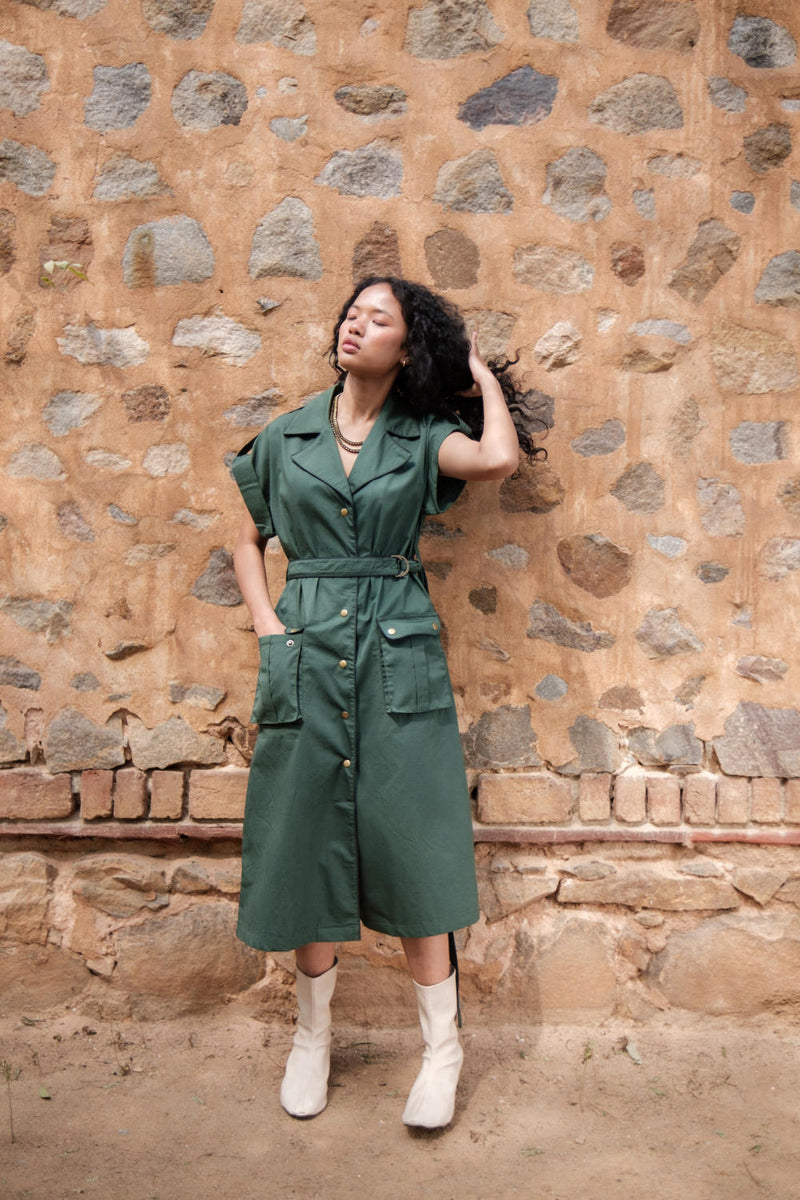Harajuku Trench-Deep Green cotton by The Terra Tribe in green color for women Worldwide