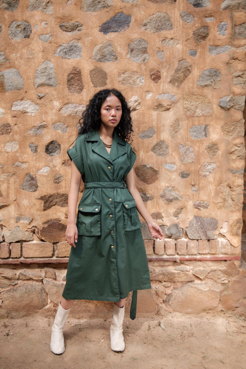 Harajuku Trench-Deep Green cotton by The Terra Tribe in green color for women Worldwide
