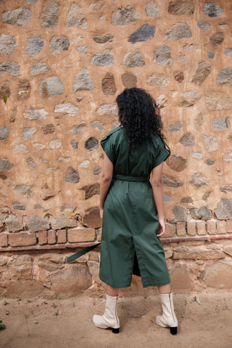 Harajuku Trench-Deep Green cotton by The Terra Tribe in green color for women Worldwide
