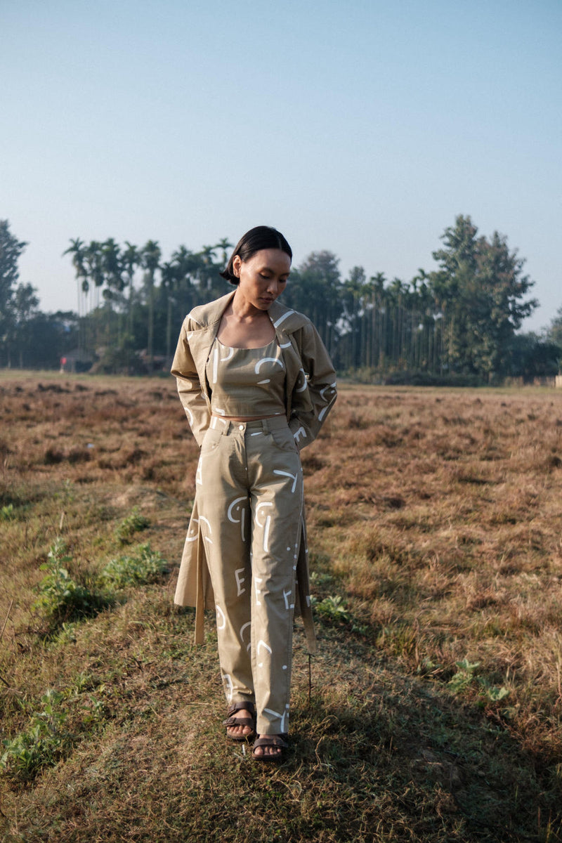 Copenhagen Trench-Khaki Line Printed cotton by The Terra Tribe for women Worldwide