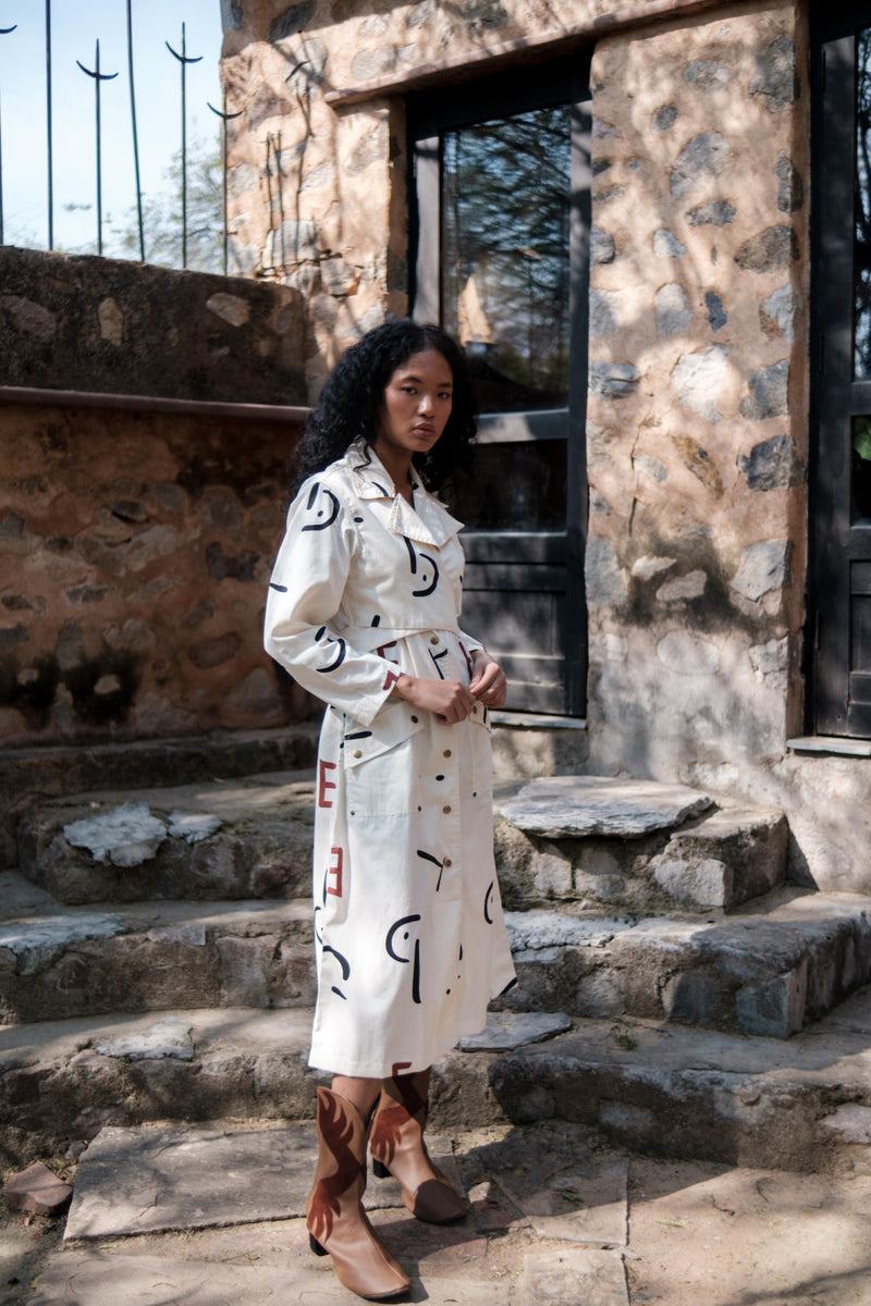 Copenhagen Trench-Ecru Line Printed cotton by The Terra Tribe in ecru color for women Worldwide