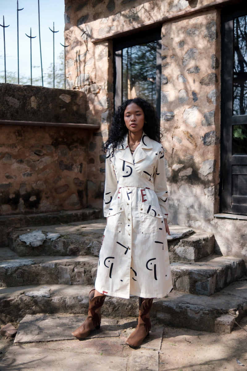 Copenhagen Trench-Ecru Line Printed cotton by The Terra Tribe in ecru color for women Worldwide
