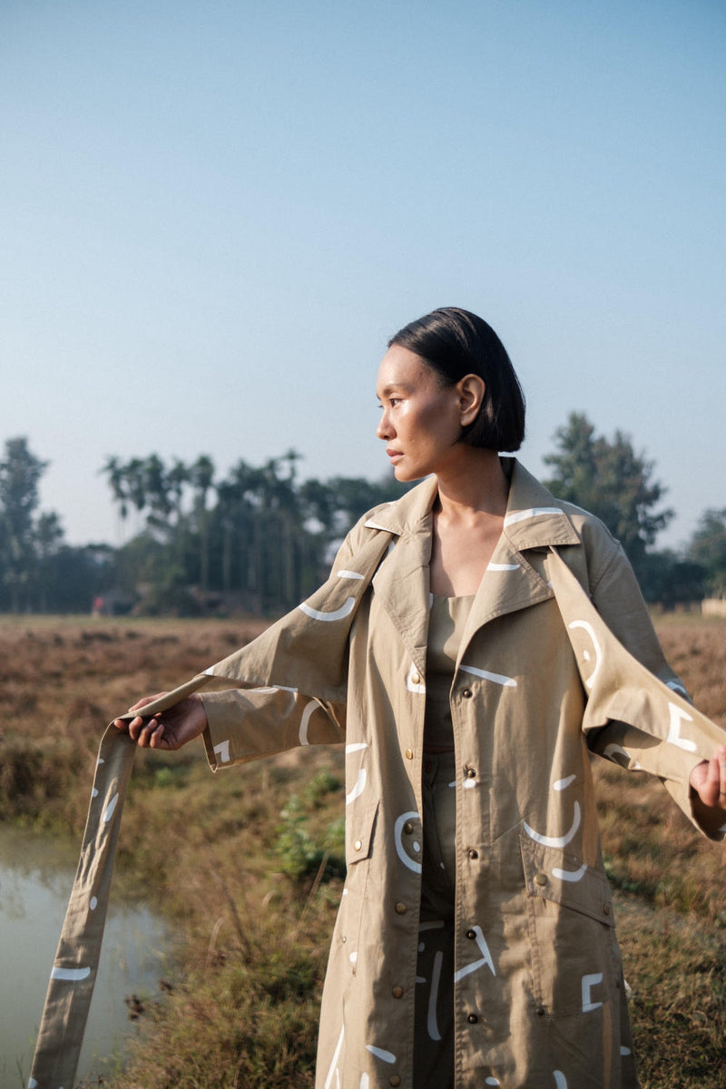 Copenhagen Trench-Khaki Line Printed cotton by The Terra Tribe for women Worldwide