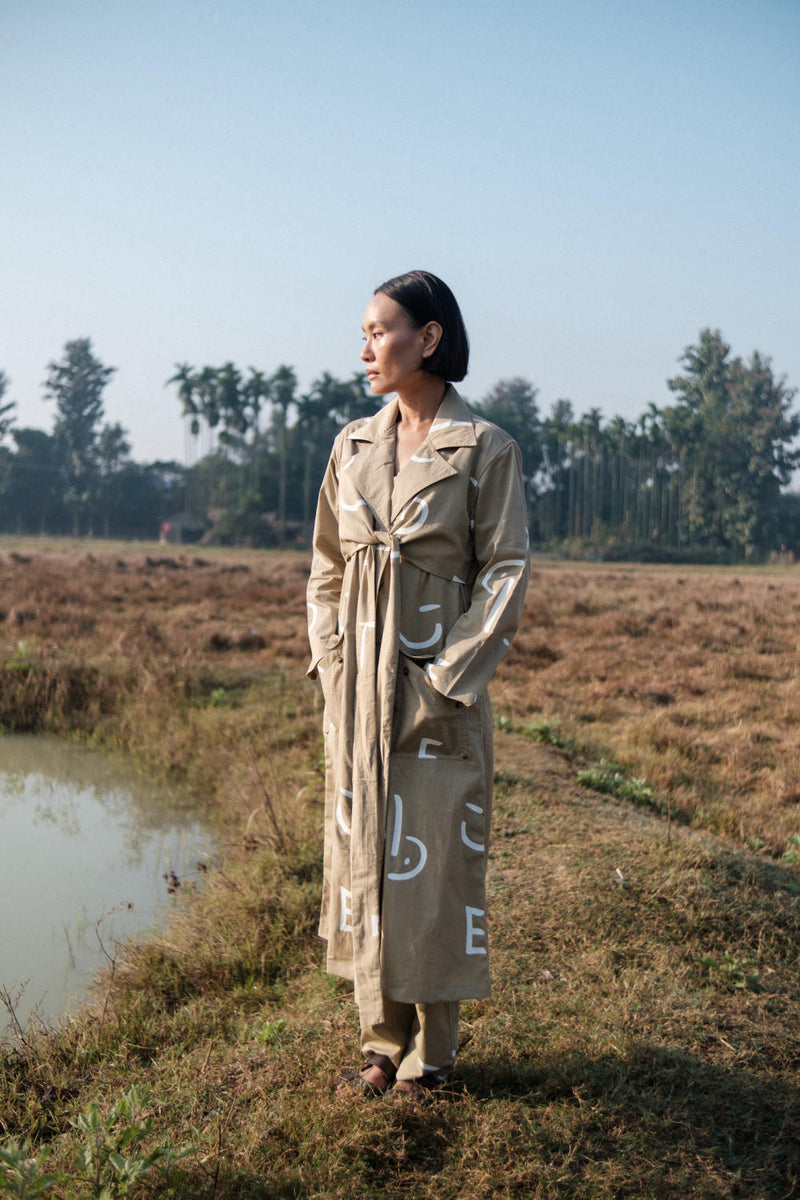 Copenhagen Trench-Khaki Line Printed cotton by The Terra Tribe for women Worldwide