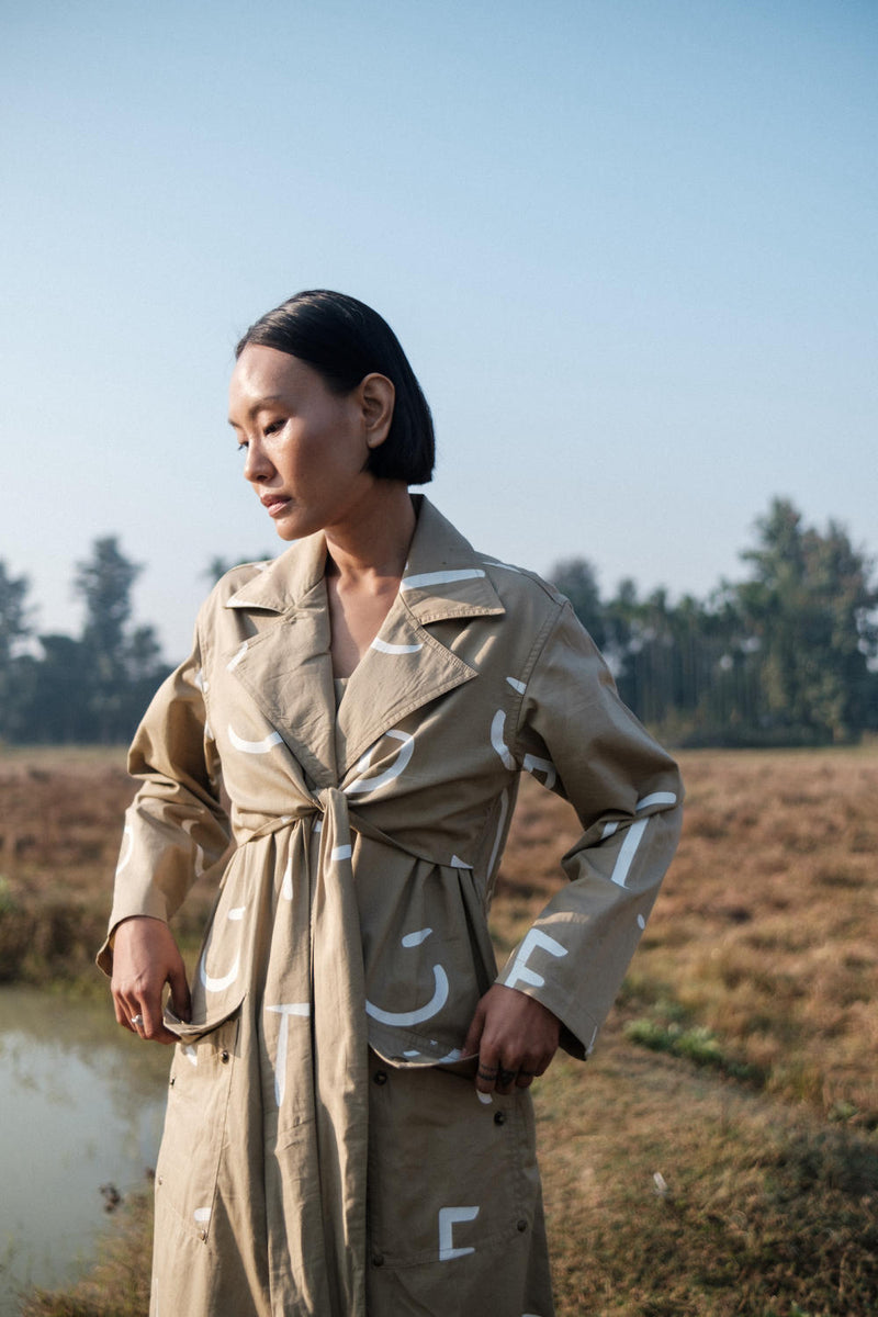 Copenhagen Trench-Khaki Line Printed cotton by The Terra Tribe for women Worldwide