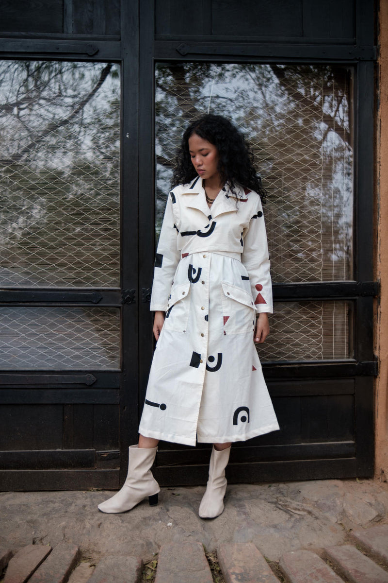 Copenhagen Trench-Ecru Triangle Printed cotton by The Terra Tribe in ecru color for women Worldwide