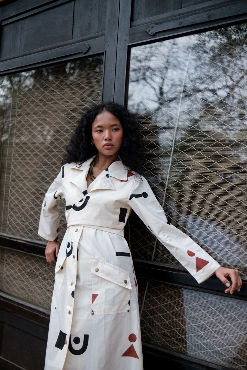 Copenhagen Trench-Ecru Triangle Printed cotton by The Terra Tribe in ecru color for women Worldwide