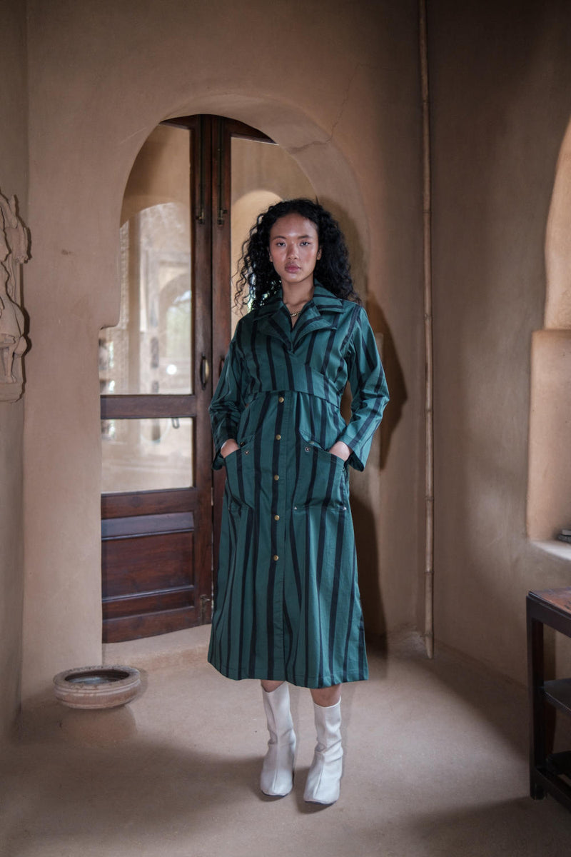 Copenhagen Trench-Deep Green Sripes cotton by The Terra Tribe in green color for women Worldwide