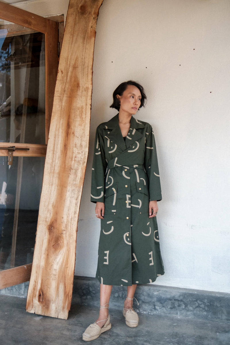 Copenhagen Trench-Deep Green Line Printed cotton by The Terra Tribe in green color for women Worldwide