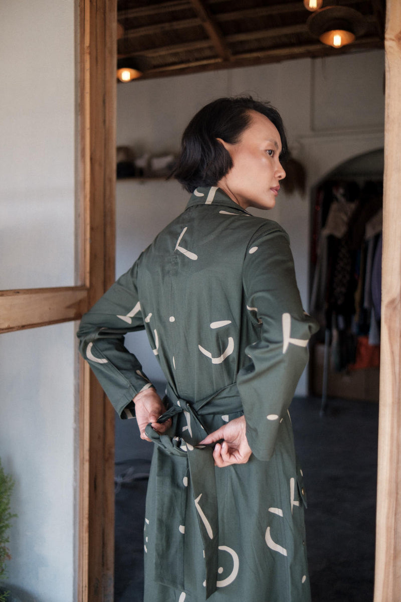 Copenhagen Trench-Deep Green Line Printed cotton by The Terra Tribe in green color for women Worldwide