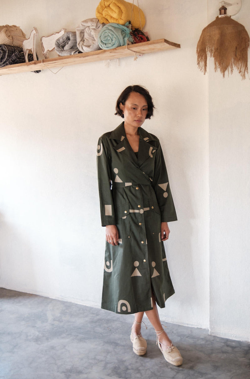 Copenhagen Trench-Deep Green Triangle Printed cotton by The Terra Tribe in green color for women Worldwide