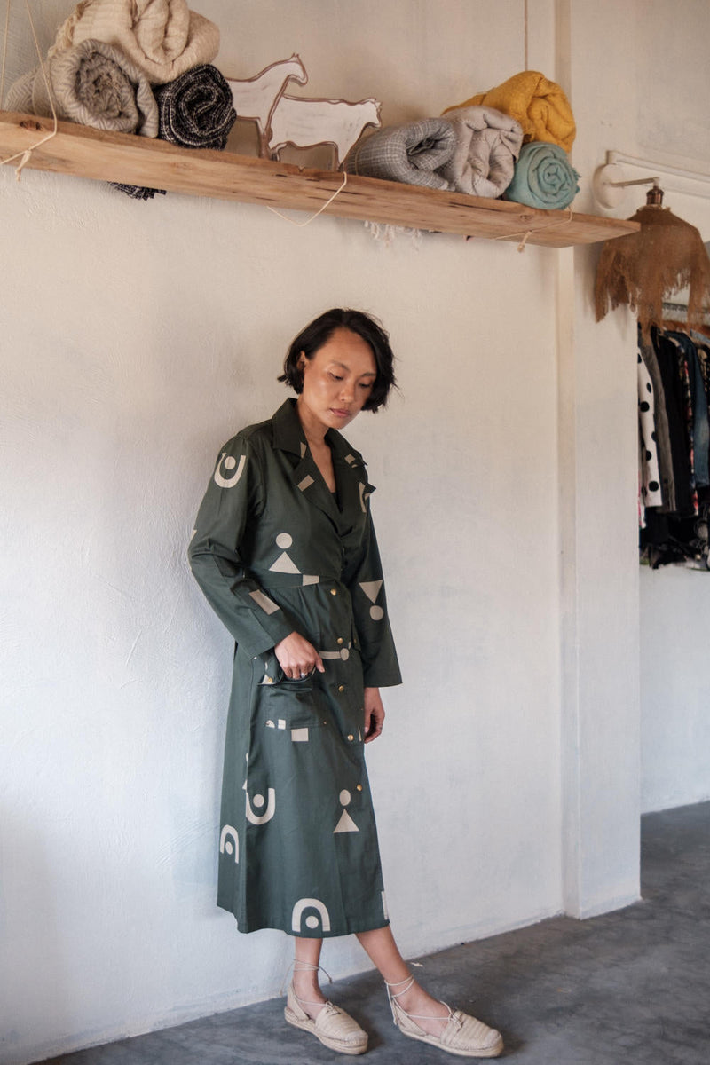Copenhagen Trench-Deep Green Triangle Printed cotton by The Terra Tribe in green color for women Worldwide