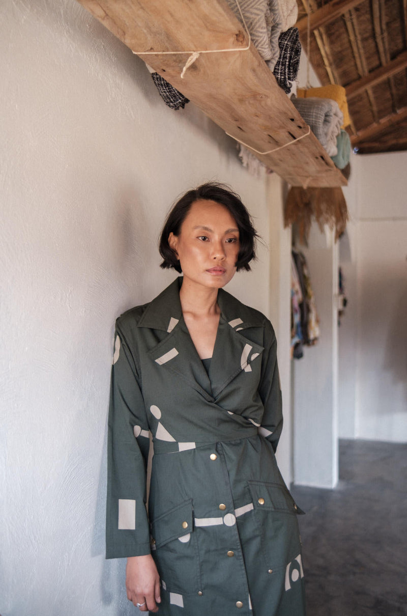 Copenhagen Trench-Deep Green Triangle Printed cotton by The Terra Tribe in green color for women Worldwide