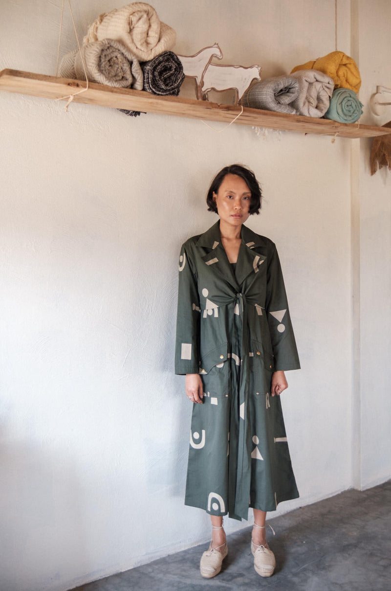 Copenhagen Trench-Deep Green Triangle Printed cotton by The Terra Tribe in green color for women Worldwide