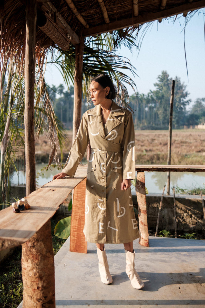 Copenhagen Trench-Khaki Line Printed cotton by The Terra Tribe for women Worldwide