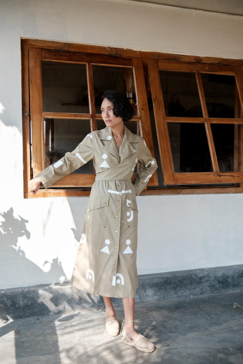 Copenhagen Trench-Khaki Triangle Printed cotton by The Terra Tribe for women Worldwide