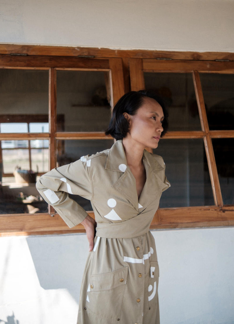 Copenhagen Trench-Khaki Triangle Printed cotton by The Terra Tribe for women Worldwide
