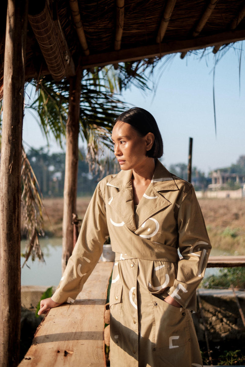 Copenhagen Trench-Khaki Line Printed cotton by The Terra Tribe for women Worldwide