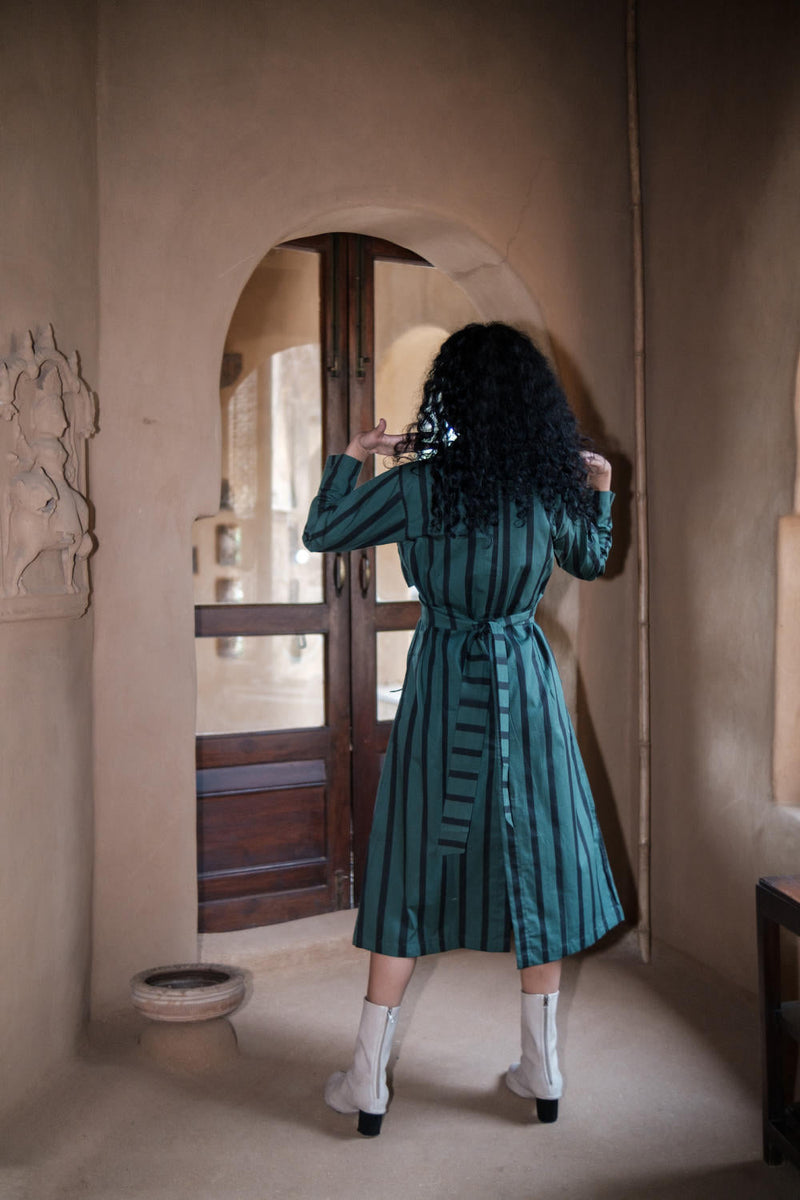 Copenhagen Trench-Deep Green Sripes cotton by The Terra Tribe in green color for women Worldwide