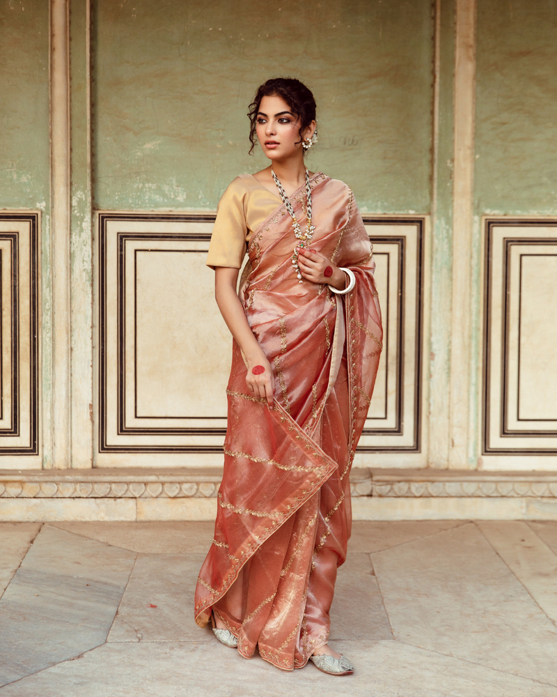 Rust Tissue Silk Embroidered Sari silk by Maison Shefali in rust color for women Worldwide