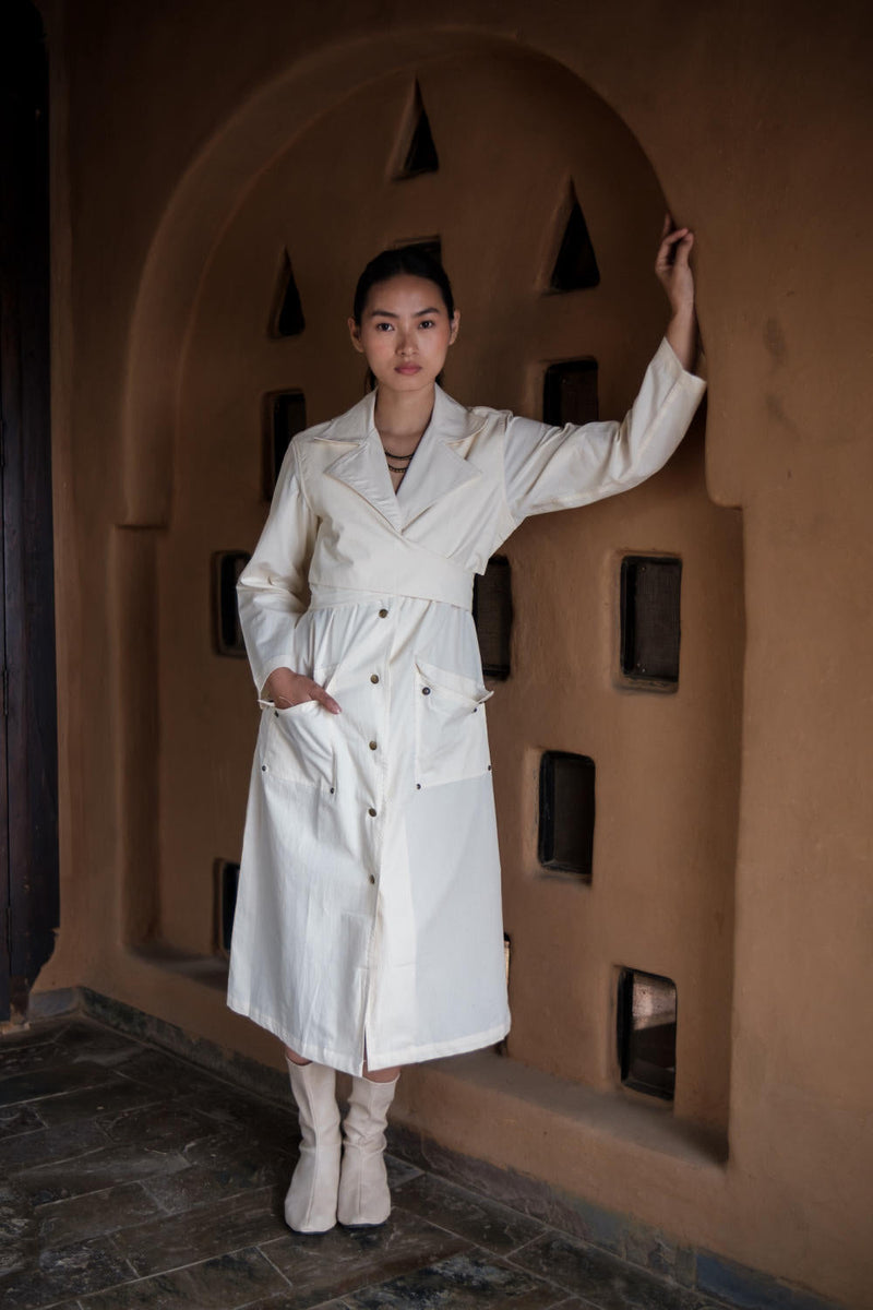 Copenhagen Trench-Ecru cotton by The Terra Tribe in ecru color for women Worldwide