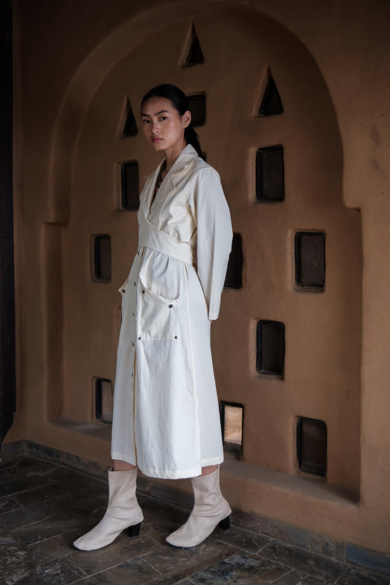 Copenhagen Trench-Ecru cotton by The Terra Tribe in ecru color for women Worldwide
