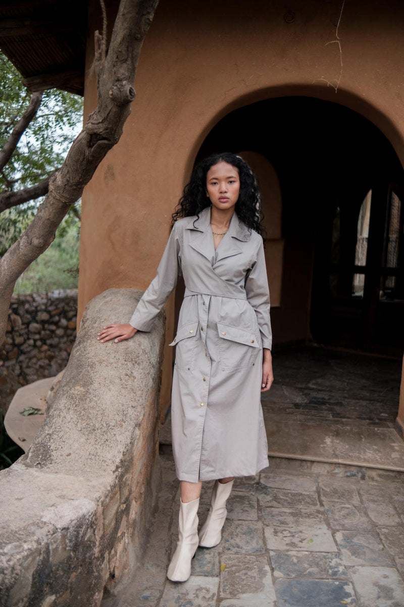 Copenhagen Trench-Grey cotton by The Terra Tribe in grey color for women Worldwide