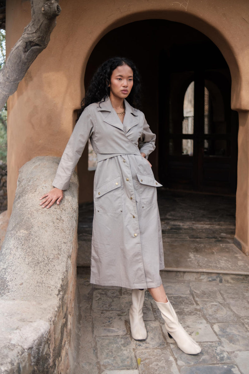 Copenhagen Trench-Grey cotton by The Terra Tribe in grey color for women Worldwide