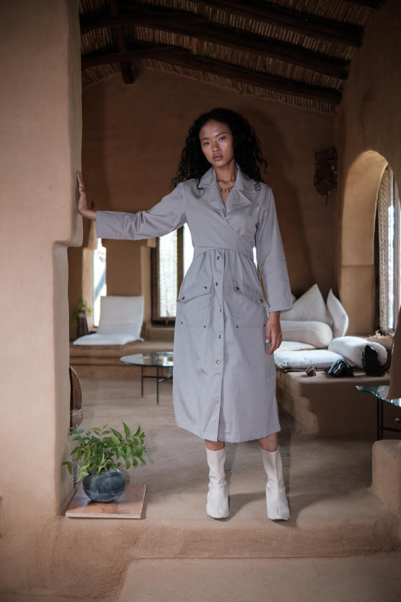 Copenhagen Trench-Grey cotton by The Terra Tribe in grey color for women Worldwide