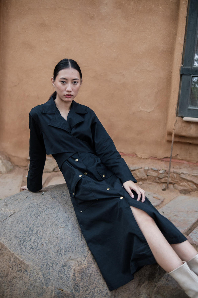 Copenhagen Trench-Black cotton by The Terra Tribe in black color for women Worldwide