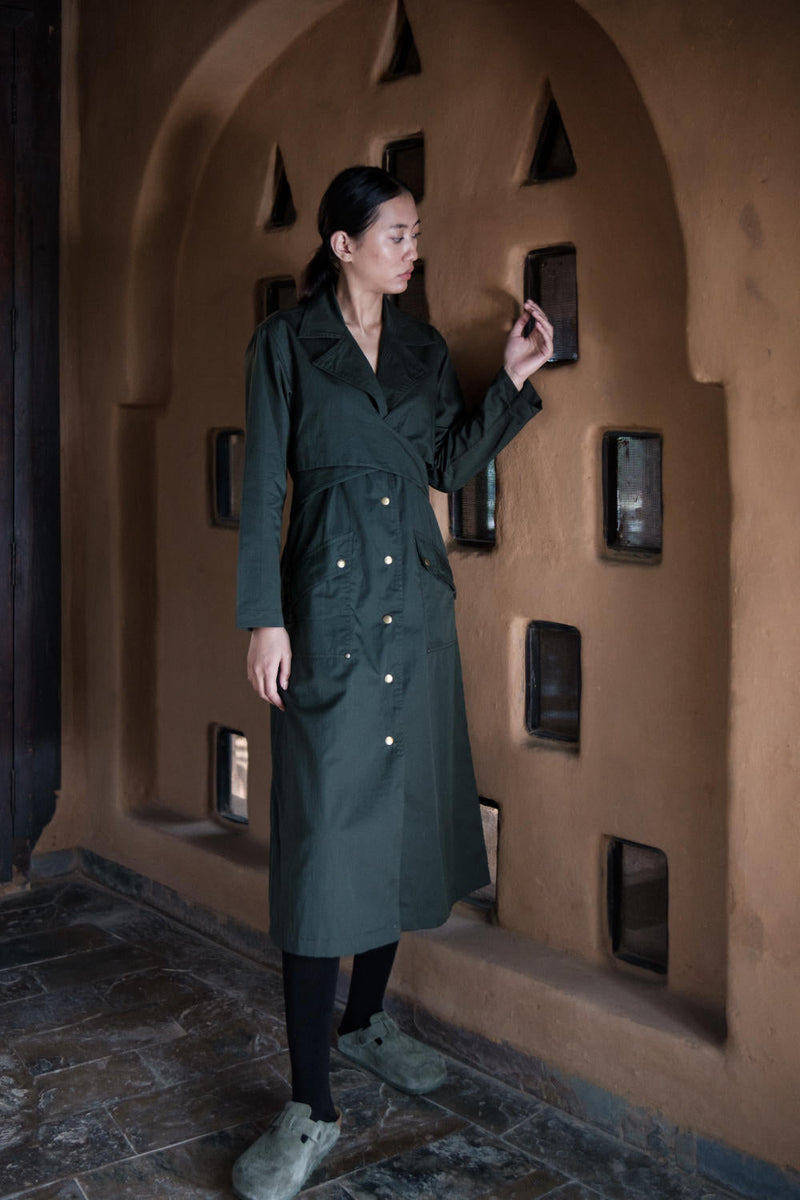 Copenhagen Trench-Deep Green cotton by The Terra Tribe in green color for women Worldwide