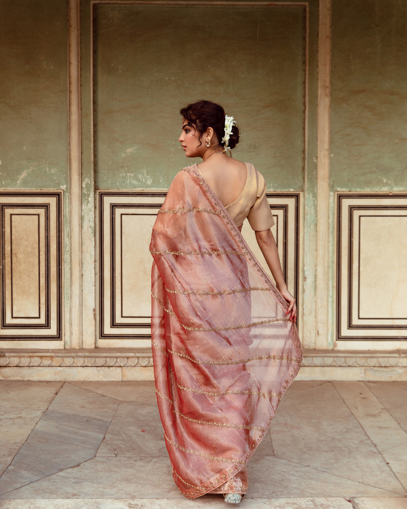 Rust Tissue Silk Embroidered Sari silk by Maison Shefali in rust color for women Worldwide