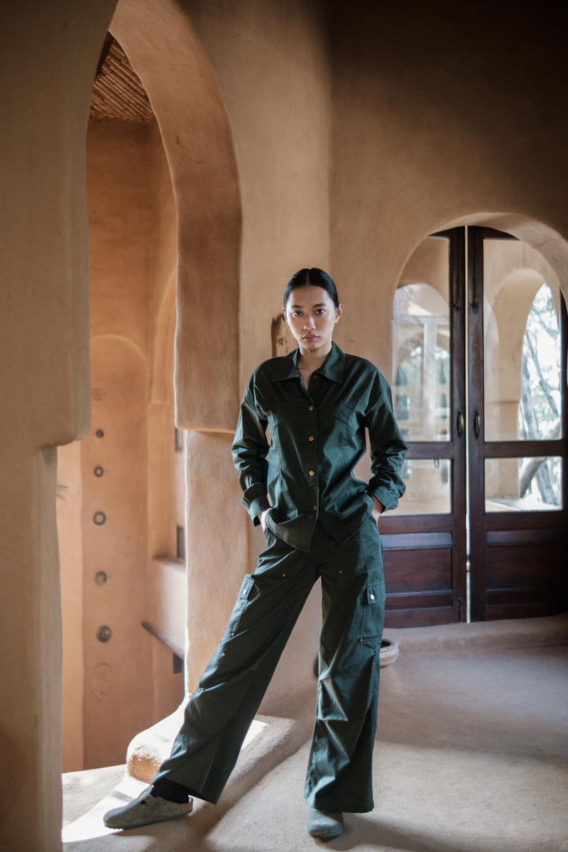 Saigon Parachute Pants-Deep Green cotton by The Terra Tribe in green color for women Worldwide