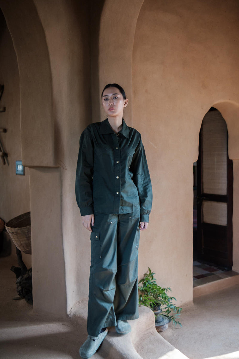 Saigon Parachute Pants-Deep Green cotton by The Terra Tribe in green color for women Worldwide