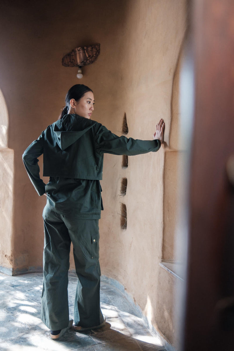 Saigon Parachute Pants-Deep Green cotton by The Terra Tribe in green color for women Worldwide