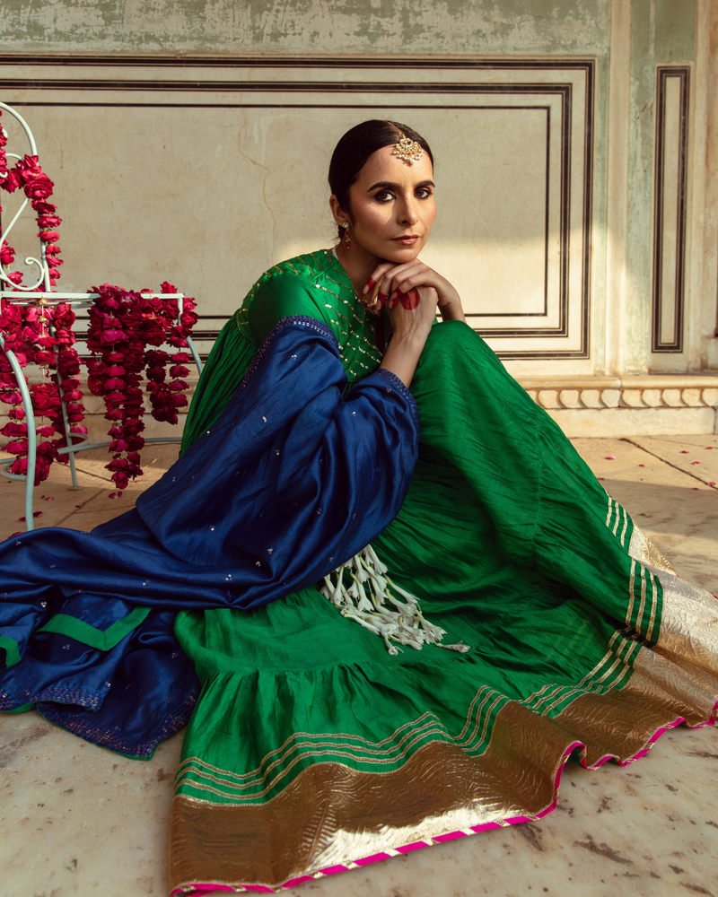 Green & Blue Chanderi Silk Embroidered Tiered Kurta Set silk by Maison Shefali in multi color for women Worldwide