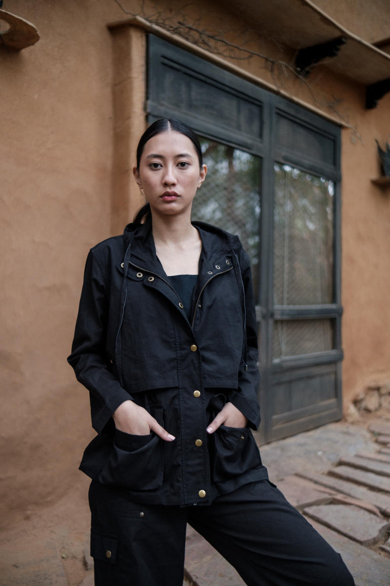 Kyoto Utility Jacket-Black cotton by The Terra Tribe in black color for women Worldwide