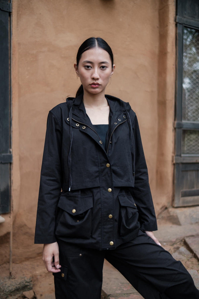 Kyoto Utility Jacket-Black cotton by The Terra Tribe in black color for women Worldwide